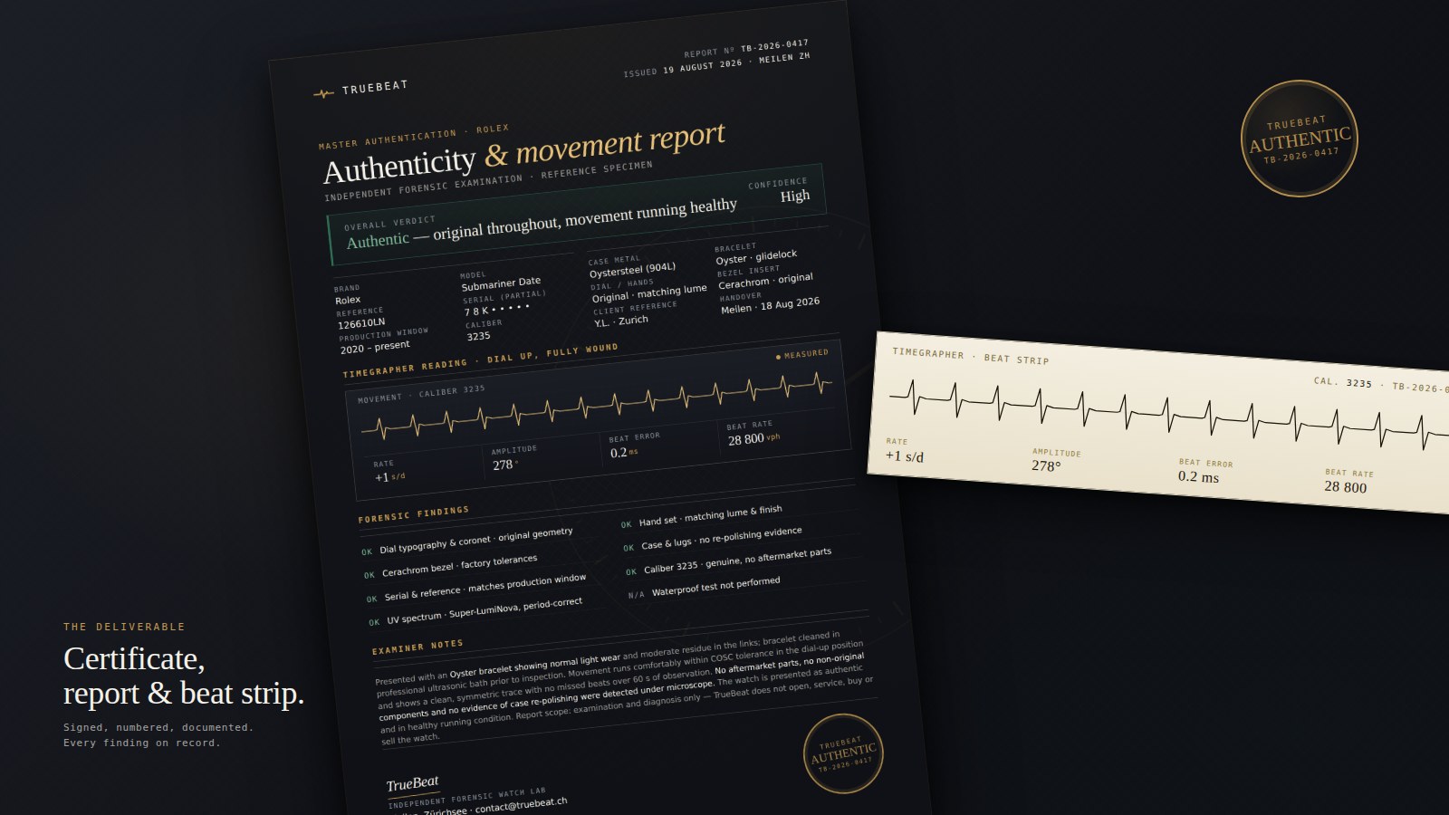 TrueBeat Rolex authentication report, certificate and timegrapher beat strip