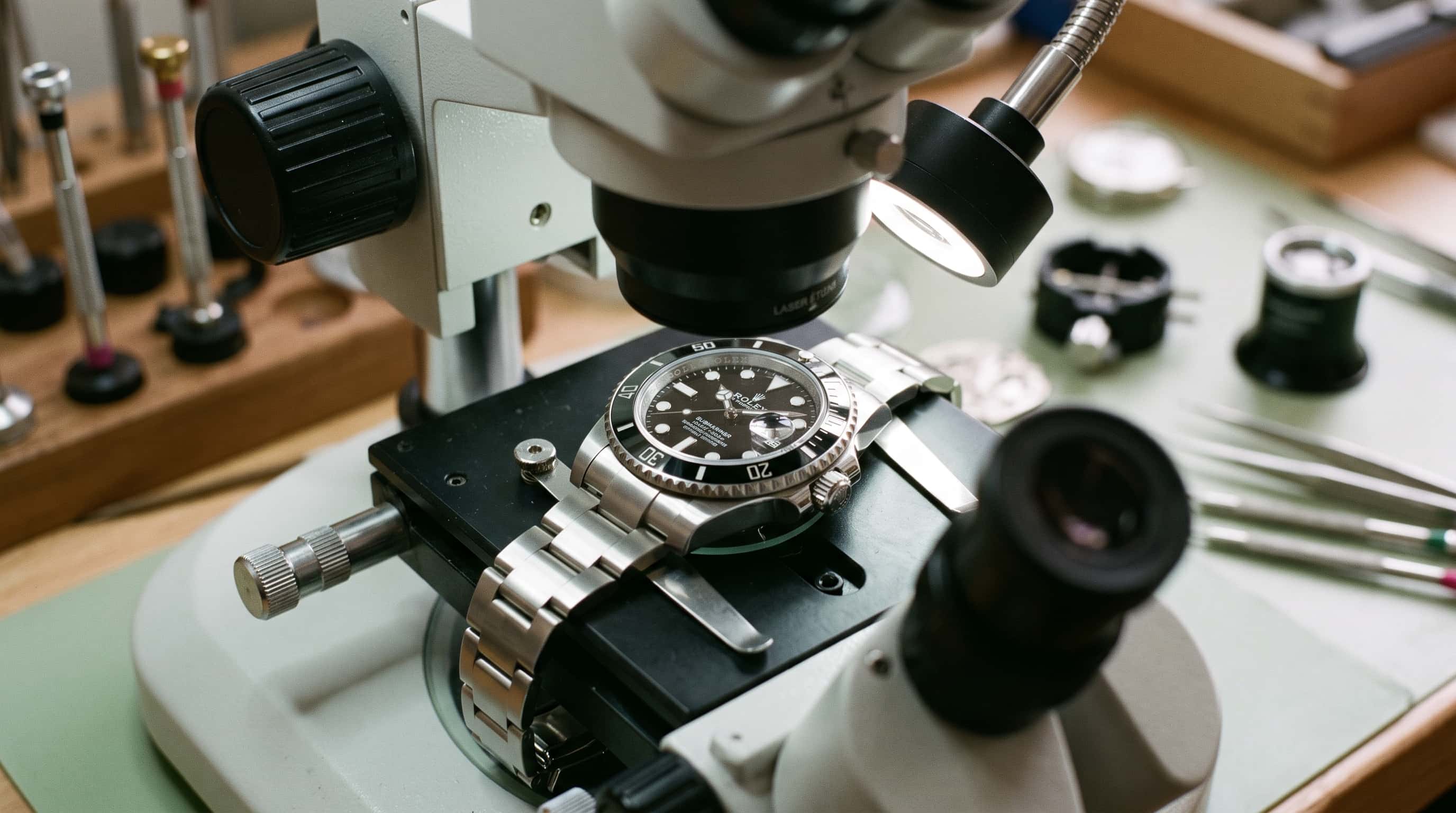 Rolex authentication under forensic microscope at TrueBeat lab in Meilen, Zurich
